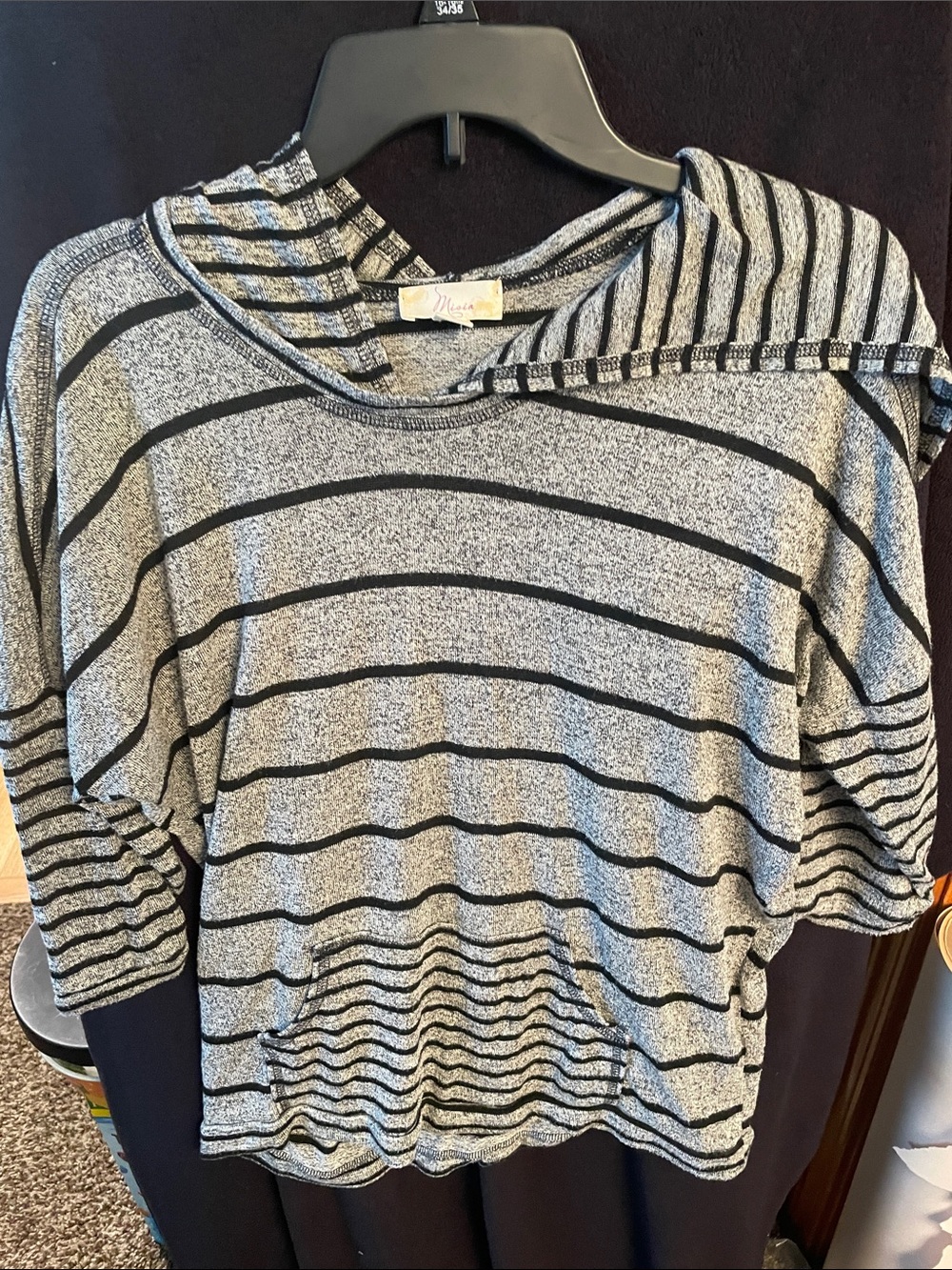 MIsia Gray and Black Striped Lightweight Hooded Top
